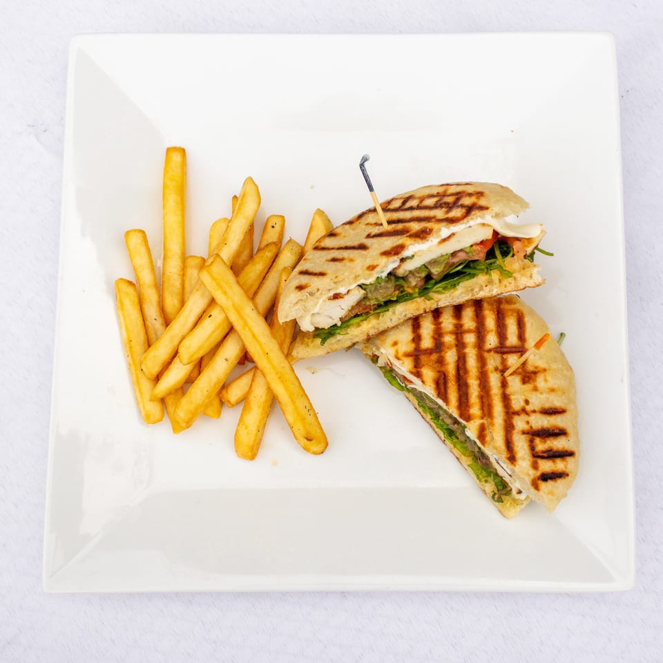 Grilled chicken panini halves with lettuce and vegetables served alongside golden French fries on a white plate.